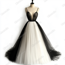 Load image into Gallery viewer, Custom Ivory Black Tulle Strap V Neck Wedding Evening Prom Formal Lace Up Back Princess Dress C-2.16