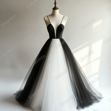 Load image into Gallery viewer, Custom White Black Tulle Strap V Neck Wedding Evening Prom Formal Lace Up Back Princess Dress C-2.17