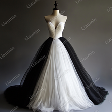 Load image into Gallery viewer, Custom White Black Tulle V Neck Wedding Evening Prom Formal Lace Up Back Princess Dress C-2.18