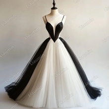 Load image into Gallery viewer, Custom White Black Tulle V Neck Strap Wedding Evening Prom Formal Lace Up Back Princess Dress C-2.19