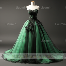 Load image into Gallery viewer, Green Tulle Black Lace Applique A Line Strapless Evening Party Prom Formal Occasion Princess Dress B-2.1