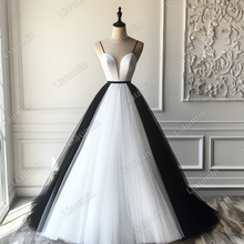 Load image into Gallery viewer, Custom White Black Tulle V Neck Strap Wedding Evening Prom Formal Lace Up Back Princess Dress C-2.20