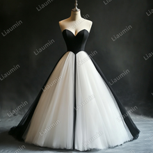 Load image into Gallery viewer, Custom White Black Tulle Strapless Wedding Evening Prom Formal Lace Up Back Princess Dress C-2.21