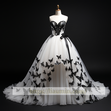 Load image into Gallery viewer, White Tulle and Black Applique Ball Gwon Wedding Dress Prom Princess Dress Custom W5-2.22