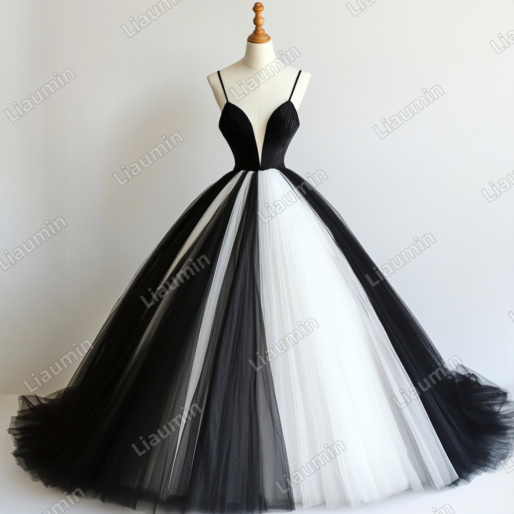 Custom White Black Tulle Strapless Wedding Evening Prom Formal Lace Up Back Princess Dress C-2.21 main image 1