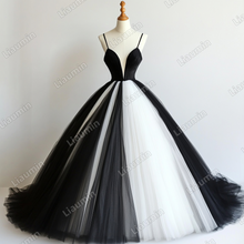 Load image into Gallery viewer, Custom V Neck White Black Tulle Strap Wedding Evening Prom Formal Lace Up Back Princess Dress C-2.22
