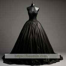 Load image into Gallery viewer, BlackSatin Lace Applique Halter Long Evening Party Prom Princess Homecoming Dress W5-2.25
