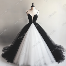 Load image into Gallery viewer, Custom Classic White Black Tulle Strap V Neck Wedding Evening Prom Formal Lace Up Back Princess Dress C-2.25