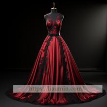 Load image into Gallery viewer, Red Satin And Black Applique Full Length Evening Party Prom Formal Occasion Princess Dress W5-2.28