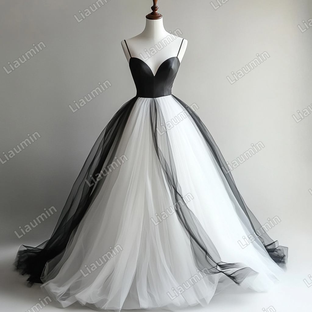 Custom White Black Tulle Strap Wedding Evening Prom Formal Lace Up Back Princess Dress C-2.8