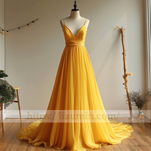 Load image into Gallery viewer, Yellow Full Length V Neck A Line Evening Party Prom Formal Princess Dress Hand Made Custom W15-2.2