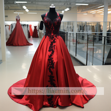 Load image into Gallery viewer, Red Satin Lace Applique Long Evening Party Prom Princess Homecoming Dress Custom W5-2.30