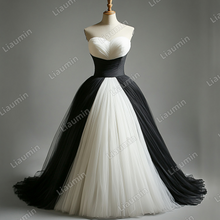 Load image into Gallery viewer, Custom Classic White Black Tulle Strapless Wedding Evening Prom Formal Lace Up Back Princess Dress C-2.31