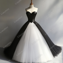 Load image into Gallery viewer, Custom Classic White Black Tulle Strapless Wedding Evening Prom Formal Lace Up Back Princess Dress C-2.34