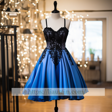 Load image into Gallery viewer, Hand Made Blue Satin Black Lace Applique Short Length Evening Party Prom Formal Occasion Princess Dress W5-2.35