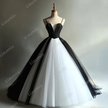 Load image into Gallery viewer, Custom White Black Tulle Strap Wedding Evening Prom Formal Lace Up Back Princess Dress C-2.3
