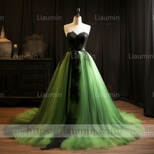 Load image into Gallery viewer, Green Tulle Black Lace Applique A Line Strapless Evening Party Prom Formal Occasion Princess Dress B-2.3