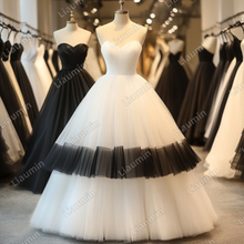 Load image into Gallery viewer, Custom Classic White Black Tulle Strapless Wedding Evening Prom Formal Lace Up Back Princess Dress C-2.40