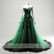 Load image into Gallery viewer, Green Tulle Black Lace Applique Evening Party Prom Formal Occasion Princess Dress B-2.4