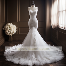Load image into Gallery viewer, White Mermaid Long Lace Applique Wedding Dress Prom Princess Dress W5-2.58