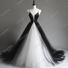 Load image into Gallery viewer, Custom White Black Tulle Strap Wedding Evening Prom Formal Lace Up Back Princess Dress C-2.5