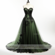 Load image into Gallery viewer, Green Tulle Black Lace Applique A Line Strapless Lace Up Back Evening Party Prom Formal Occasion Princess Dress B-2.5