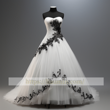 Load image into Gallery viewer, White Tulle and Black Lace Applique A Line Wedding Dress Bridal Gown Prom Princess Dress Custom W5-2.62