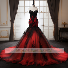 Load image into Gallery viewer, Red Tulle and Black Lace Applique Strapless Full Length Wedding Dress Bridal Gown Prom Princess Dress Custom Size W5-2.73