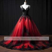 Load image into Gallery viewer, Red Tulle and Black Lace Applique Ball Gown Full Length Wedding Dress Bridal Gown Prom Princess Dress Custom Size W5-2.78
