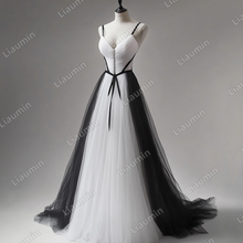 Load image into Gallery viewer, Custom White Black Tulle Strap Wedding Evening Prom Formal Lace Up Back Princess Dress C-2.7
