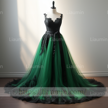 Load image into Gallery viewer, Green Tulle Black Lace Applique A Line Lace Up Back Evening Party Prom Formal Occasion Princess Dress B-2.7