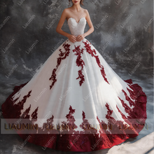 Load image into Gallery viewer, White Tulle Lace Applique Strapless Floor Length Lace-Up Back Wedding Formal Prom Dresses Bridal Gown Customized Made W19-2