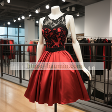 Load image into Gallery viewer, Red Satin and Black Lace Applique Short Evening Party Prom Princess Homecoming Dress W5-2.8