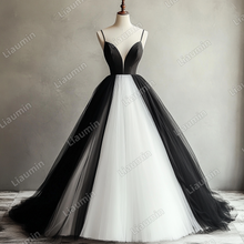 Load image into Gallery viewer, Custom White Black Tulle Strap Wedding Evening Prom Formal Lace Up Back Princess Dress C-2.9