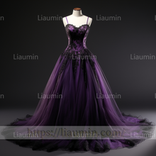 Load image into Gallery viewer, Custom Purple Tulle Black Lace Applique A Line Lace Up Back Evening Party Prom Formal Occasion Princess Dress B-3.1