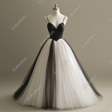 Load image into Gallery viewer, Custom Made Classic White Black Tulle Strap Wedding Evening Prom Formal Lace Up Back Princess Dress C-3.1