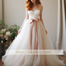 Load image into Gallery viewer, White or Ivory With Pink Sash Strapless Lace Up Back Wedding Dress Formal Occasion Bridal Gown Hand made Custom W5-3.24