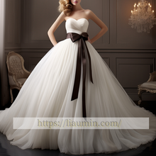 Load image into Gallery viewer, White Or Ivory With Black Sash Strapless Wedding Dress Bridal Gown Princess Dress Custom Size W5-3.28