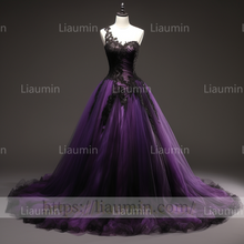 Load image into Gallery viewer, Purple Tulle Black Lace Applique Evening Party Prom Formal Occasion Princess Dress B-3.2