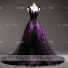 Load image into Gallery viewer, Custom Purple Tulle Black Lace Applique Ball Gown Lace Up Back Evening Party Prom Formal Occasion Princess Dress B-3.5