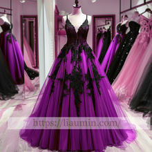Load image into Gallery viewer, Black Lace Applique Spaghetti Straps V Neck Evening Party Prom Princess Dress W13-3