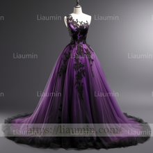 Load image into Gallery viewer, Custom Made Purple Tulle Black Lace Applique Evening Party Prom Formal Occasion Princess Dress B-3.6