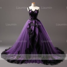 Load image into Gallery viewer, Custom Purple Tulle Black Lace Applique Lace Up Back Evening Party Prom Formal Occasion Princess Dress B-3.7
