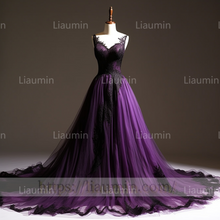 Load image into Gallery viewer, Custom Hand Made Purple Tulle Black Lace Applique Evening Party Prom Formal Occasion Princess Dress B-3.8