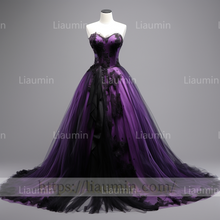 Load image into Gallery viewer, Custom Purple Tulle Black Lace Applique Strapless Lace Up Back Evening Party Prom Formal Occasion Princess Dress B-3.9