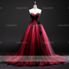 Load image into Gallery viewer, Rose Red Tulle Black Lace Applique Strapless Evening Party Prom Formal Occasion Princess Dress B-4.1