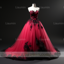 Load image into Gallery viewer, Rose Red Tulle Black Lace Applique Strapless Evening Party Prom Formal Occasion Princess Dress B-4.2