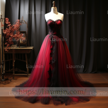 Load image into Gallery viewer, Rose Red Tulle Black Lace Applique Strapless Evening Party Prom Formal Dress B-4.3