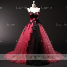 Load image into Gallery viewer, Rose Red Tulle Black Lace Applique Lace Up Back Evening Party Prom Formal Dress B-4.4