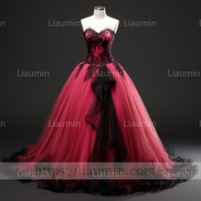 Load image into Gallery viewer, Rose Red Tulle Black Lace Applique Strapless Evening Party Prom Formal Dress B-4.5